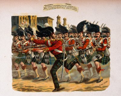 Teniente Herbert T. Macpherson cargando por una calle en Lucknow a la cabeza de los 78º Highlanders, de una serie titulada 