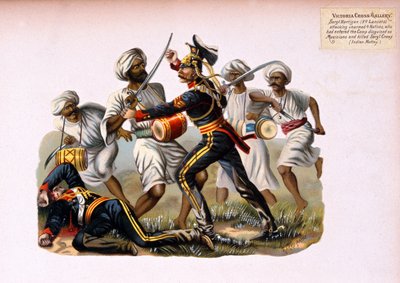 Sargento Hartigan, 9º de Lanceros, atacando a 4 nativos desarmados que habían entrado en el campamento disfrazados de músicos y mataron al sargento Crews, Motín Indio, de una serie titulada 