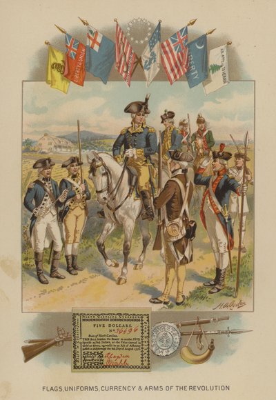 Banderas, uniformes, moneda y armas de la Revolución Americana (cromolitografía) de Henry Alexander (after) Ogden