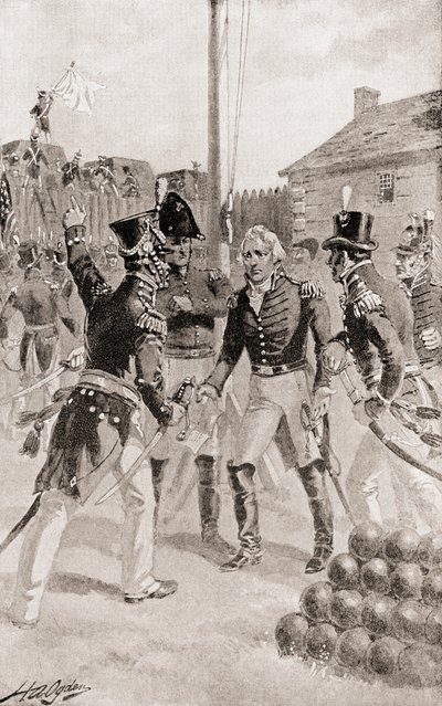 El brigadier general William Hull rinde el fuerte y la ciudad de Detroit, Michigan, América durante el Asedio de Detroit, de La Historia de Nuestro País, publicado en 1905 de Henry Alexander Ogden