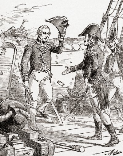 El capitán Dacres del HMS Guerriere se rinde y ofrece su espada al capitán Hull a bordo del USS Constitution después de su derrota durante la Guerra de 1812, de La Historia de Nuestro País, publicado en 1905 de Henry Alexander Ogden