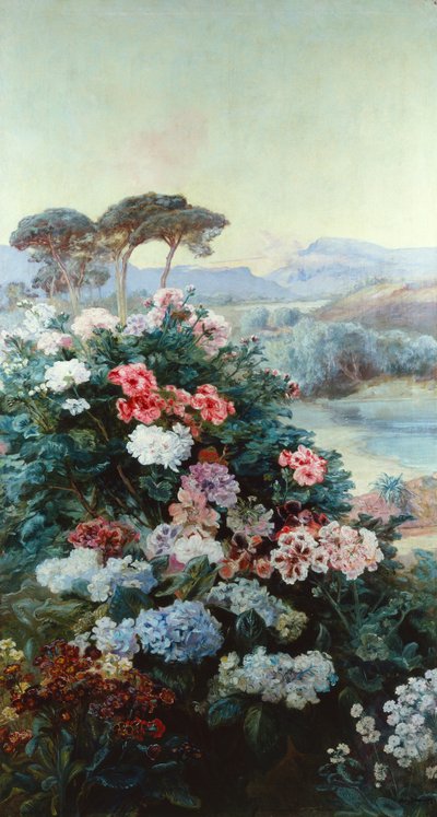 Camelias y otras flores en un paisaje (óleo sobre lienzo) de Henry Arthur Bonnefoy