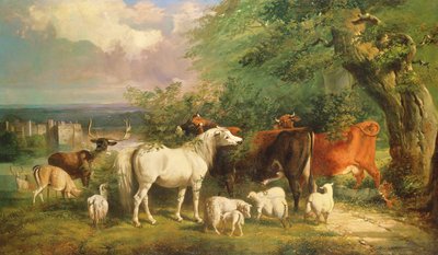 Haddon Hall con ovejas, ganado, un ciervo y un pony de Henry Barraud