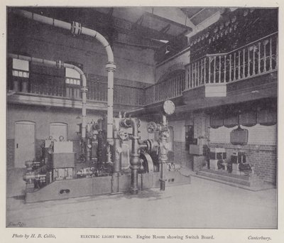 Sala de máquinas mostrando el tablero de control, Electric Light Works, Canterbury, Kent de Henry Beauchamp Collis