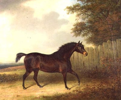 Un semental bayo oscuro en un paisaje de Henry Bernard Chalon