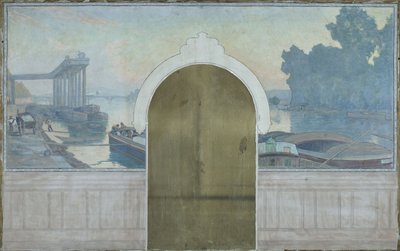 Boceto para la sala de matrimonios del ayuntamiento de Asnières: Paisaje. Barcazas sobre el Sena, con el puente de Asnières, hacia 1900 (óleo sobre lienzo) de Henry Bouvet