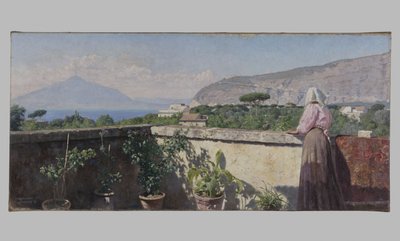 Mujer en la terraza del Hotel Cocumella. Vista del Vesubio de Henry Brokman Knudsen