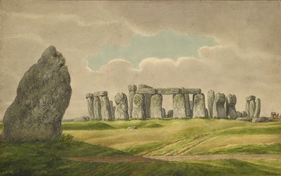 Stonehenge desde el N.E., mostrando ruinas y piedra del talón con carro, caballo, persona, 1824-1839 de Henry Browne