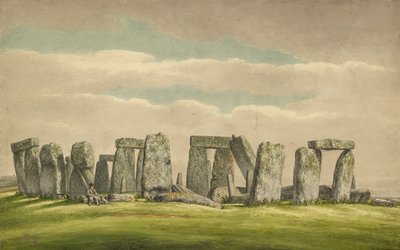 Stonehenge desde el N.O., mostrando ruinas con hombre y perro de Henry Browne