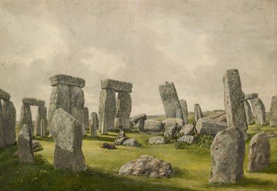 El interior de Stonehenge en su estado actual, mostrando el interior de las piedras, hombre y perro de Henry Browne