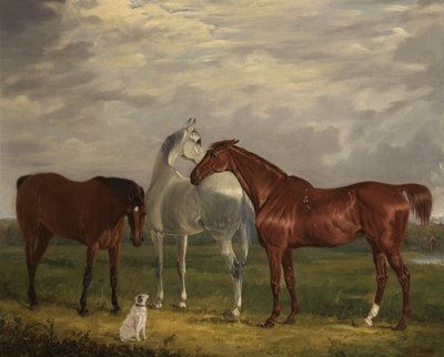 Tres caballos del 2º Lord de Tabley y su perro, Vic, 1838 de Henry Calvert
