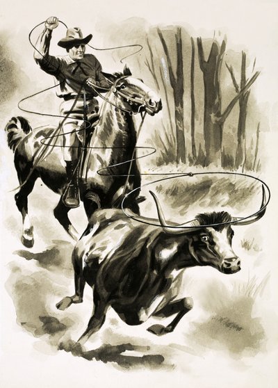 Un vaquero atrapa un novillo desde el caballo con un lazo de Henry Charles Fox