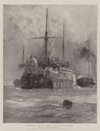 Después de su juicio por fuego, HMS Belleisle remolcada al puerto de Portsmouth de Henry Charles Seppings Wright