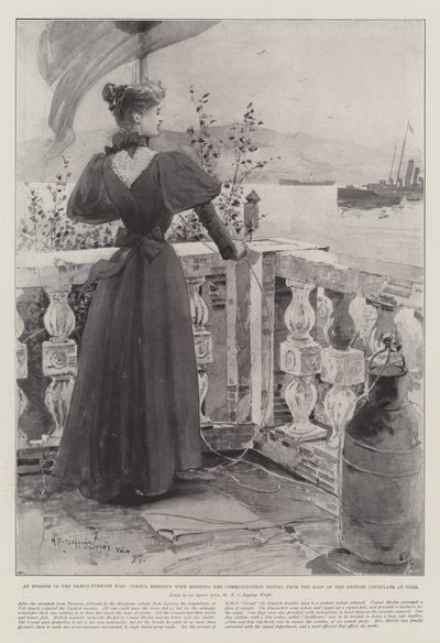 Un episodio en la guerra greco-turca, la esposa del cónsul Merlin izando la señal de comunicación desde el techo del consulado británico en Volo de Henry Charles Seppings Wright
