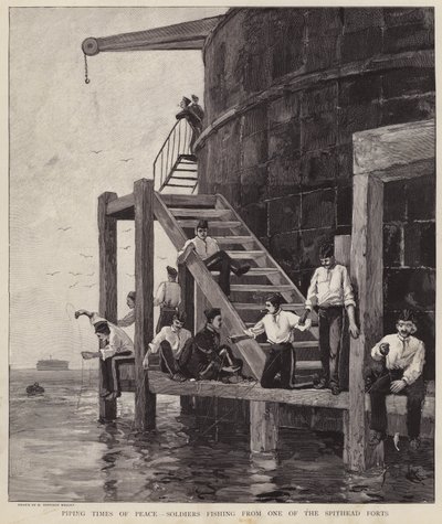 Soldados británicos pescando desde uno de los fuertes en Spithead, Hampshire de Henry Charles Seppings Wright