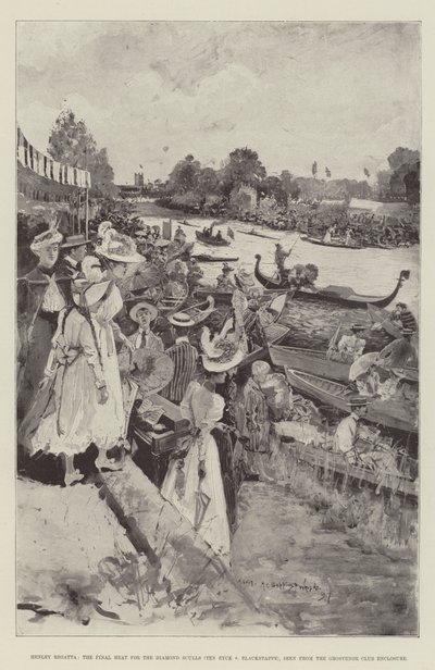 Regata de Henley, la final de los Diamond Sculls (Ten Eyck v Blackstaffe), vista desde el recinto del Grosvenor Club de Henry Charles Seppings Wright