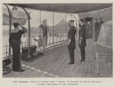 Lord Rosebery abordando el HMS Caesar, en Nápoles, rumbo a Malta, para reunirse con los Lores del Almirantazgo de Henry Charles Seppings Wright