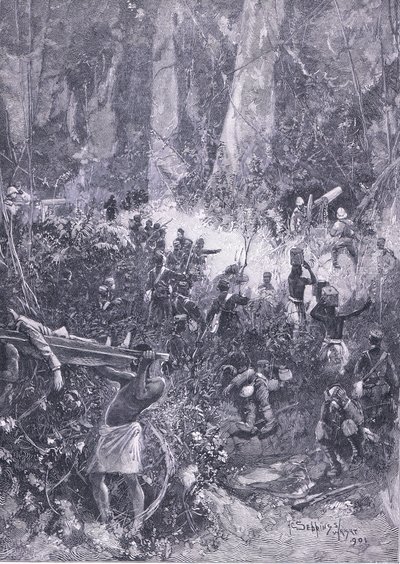La guerra Ashanti 1900: Una pelea en el bosque, ilustración de la Historia de Inglaterra de Cassell, 1900s de Henry Charles Seppings Wright