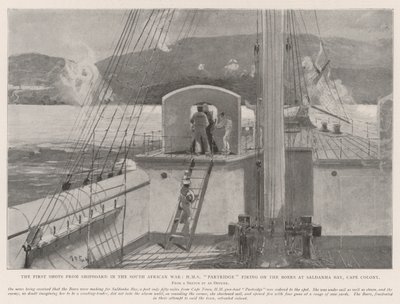 Los primeros disparos desde el barco en la Guerra de Sudáfrica, HMS Partridge disparando a los Boers en la Bahía de Saldanha, Colonia del Cabo de Henry Charles Seppings Wright