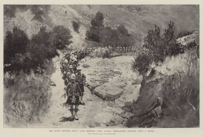 El levantamiento de la frontera india, Campamento Sheranni, Valle de Tochi, Highlanders marchando por un desfiladero de Henry Charles Seppings Wright