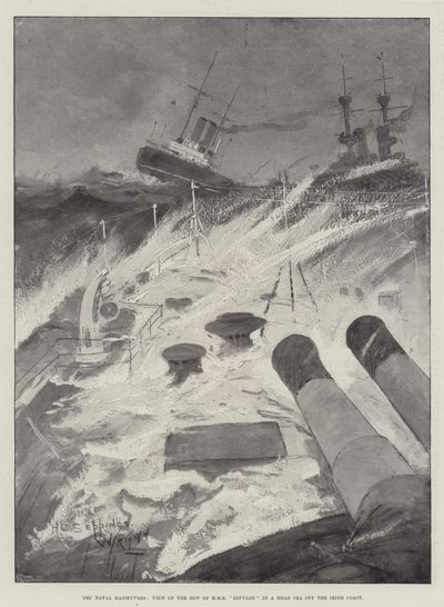 Las maniobras navales, vista de la proa del HMS Repulse en un mar de proa frente a la costa irlandesa de Henry Charles Seppings Wright