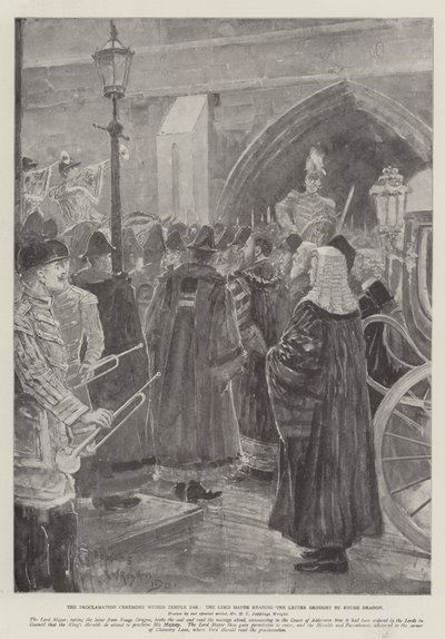 La ceremonia de proclamación dentro de Temple Bar, el alcalde leyendo la carta traída por Rouge Dragon de Henry Charles Seppings Wright