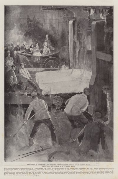 La reina en Sheffield, Su Majestad presenciando el laminado de una placa de armadura de Henry Charles Seppings Wright
