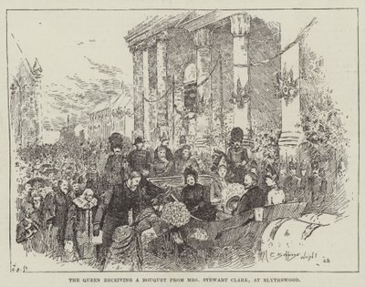 La Reina recibiendo un ramo de flores de la Sra. Stewart Clark, en Blythswood de Henry Charles Seppings Wright