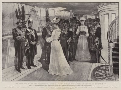 La visita del Shah al Rey en Portsmouth, 20 de agosto, la Princesa Victoria fotografiando al Rey Eduardo y Muzaffir-ed-Din de Henry Charles Seppings Wright