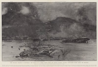 El Desastre Volcánico en Martinica, las Ruinas de St Pierre vistas desde el Crucero Francés Suchet, Cuarenta y Ocho Horas después de la Erupción de Henry Charles Seppings Wright