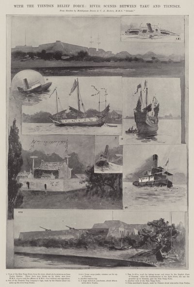 Con la Fuerza de Socorro de Tientsin, escenas del río entre Taku y Tientsin de Henry Charles Seppings Wright