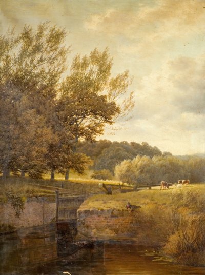 Paisaje boscoso con niño pescando en una esclusa de Henry Cheadle