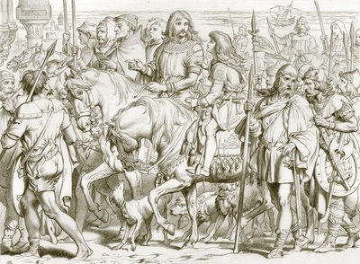 Hereward entra en la fortaleza consagrada de San Bertin (grabado) de Henry Courtney (after) Selous