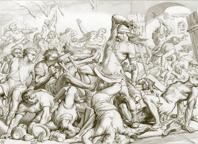 Cómo Hereward limpió Bourne de franceses (grabado) de Henry Courtney (after) Selous
