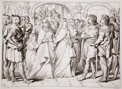 Alftruda reconoce a Hereward, ilustración de Hereward the Great de Charles Kingsley, pub. 1870, grabado por C.G. Lewis de Henry Courtney Selous