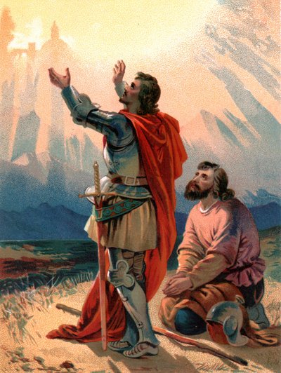 "Cristiano, el peregrino del título, se arrodilla maravillado cuando él y su compañero llegan a la vista de la Ciudad Santa" de Henry Courtney Selous
