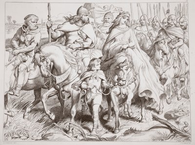 Hereward protege a Alftruda a un lugar seguro, ilustración de Hereward the Great por Charles Kingsley, pub. 1870, grabado por C.G. Lewis de Henry Courtney Selous