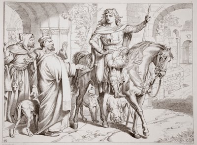 Hereward informa a su tío el Prior que está a punto de ser proscrito, ilustración de Hereward el Grande por Charles Kingsley, pub. 1870, grabado por C.G. Lewis de Henry Courtney Selous
