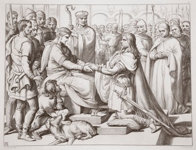 Cómo Hereward llegó al Rey, ilustración de Hereward the Great de Charles Kingsley, pub. 1870, grabado por C.G. Lewis de Henry Courtney Selous
