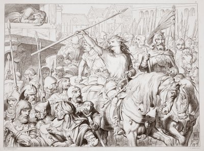 Cómo Hereward se convirtió en Berserker, ilustración de Hereward the Great de Charles Kingsley, pub. 1870, grabado por C.G. Lewis de Henry Courtney Selous