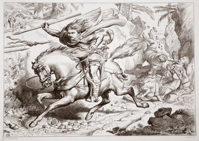 Cómo Hereward fue atrapado en una trampa, ilustración de Hereward el Grande por Charles Kingsley, pub. 1870, grabado por C.G. Lewis de Henry Courtney Selous