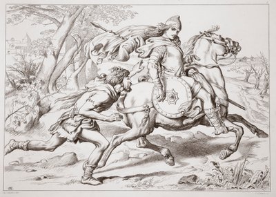 Cómo Martin Lightfoot alcanza a Hereward, ilustración de Hereward the Great por Charles Kingsley, pub. 1870, grabado por C.G. Lewis de Henry Courtney Selous