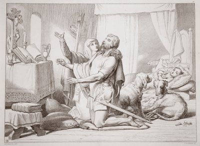 Cómo Torfrida enseña a Hereward a rezar, ilustración de Hereward el Grande por Charles Kingsley, grabado por C.G. Lewis de Henry Courtney Selous