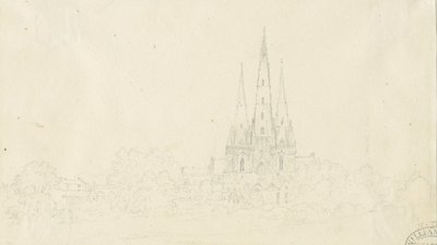 Catedral de Lichfield - Vista Este: dibujo a lápiz de Henry Curzon Allport