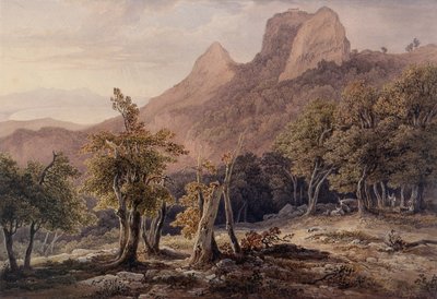 Paisaje rocoso con figuras y un lago en el fondo de Henry Curzon Allport