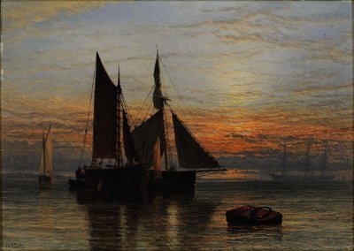 Navegando por un mar en calma al atardecer de Henry Dawson