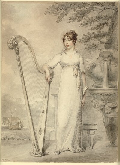 Retrato de cuerpo entero de "Miss V. Dupuis" apoyando su brazo en un arpa. En el fondo una fuente y un paisaje con ciervos de Henry Edridge
