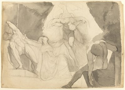 Ayudado por Eeriboia, Hermes se lleva al exhausto Ares de los hijos dormidos de Aloeus (recto); Boceto de uno de los hijos dormidos de Aloeus (verso) de Johann Heinrich Füssli