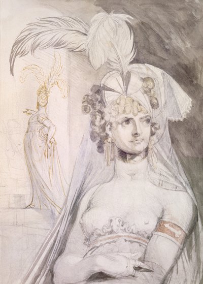 Media figura de una cortesana con plumas, un lazo y un velo en el cabello, 1800-10 de Johann Heinrich Füssli