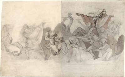 Triunfo de la muerte: Tres esqueletos invadiendo una bacanal orquestada por un mago o un demonio maligno de Johann Heinrich Füssli